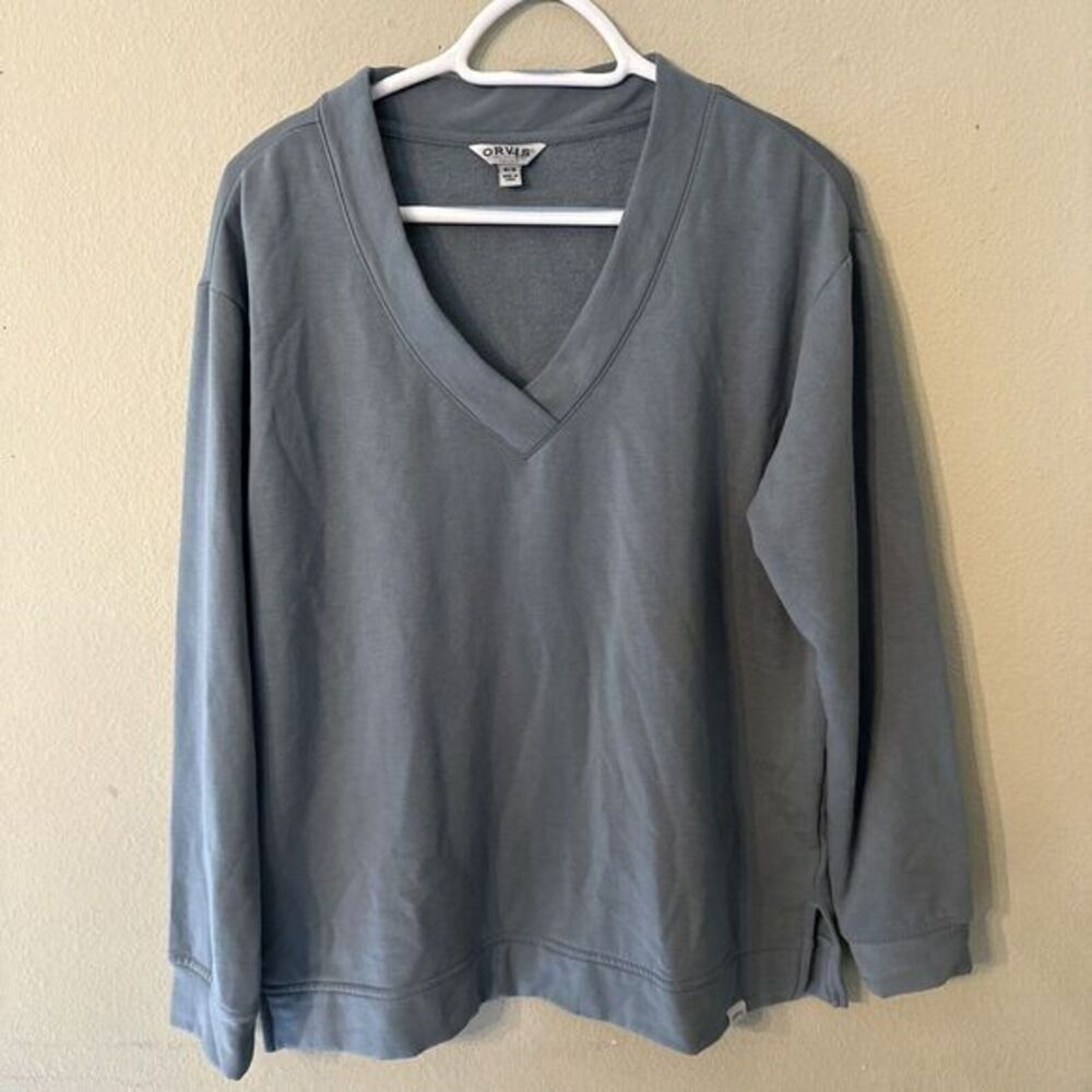 Orvis V-Neck Sweatshirt‎ Women's Medium Pullover Drop Shoulders Blue